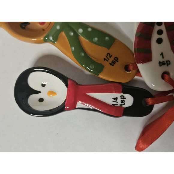4Pc Sleigh Bell Bistro Ceramic Christmas Measuring Spoons AS IS Snowman Winter - Picture 4 of 7